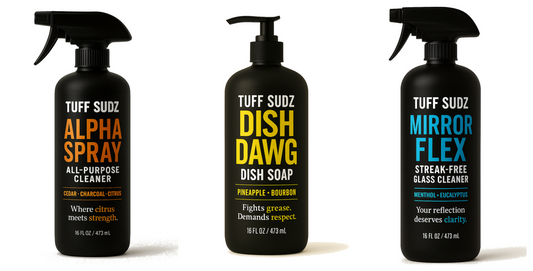 Dish soap and cleaner bundle for men – bold alternative to Dawn, Method, and Mrs. Meyers with masculine scents and sleek black packaging | Tuff Sudz 3-Pack featuring Dish Dawg, Alpha Spray, and Mirror Flex